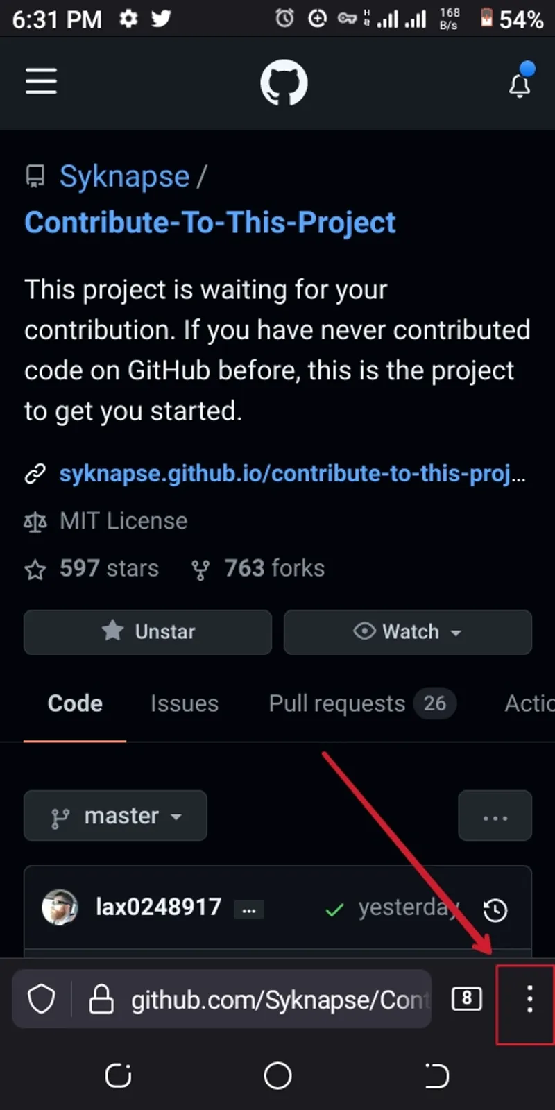 Screenshot showing the mobile browser displaying the repository and the menu