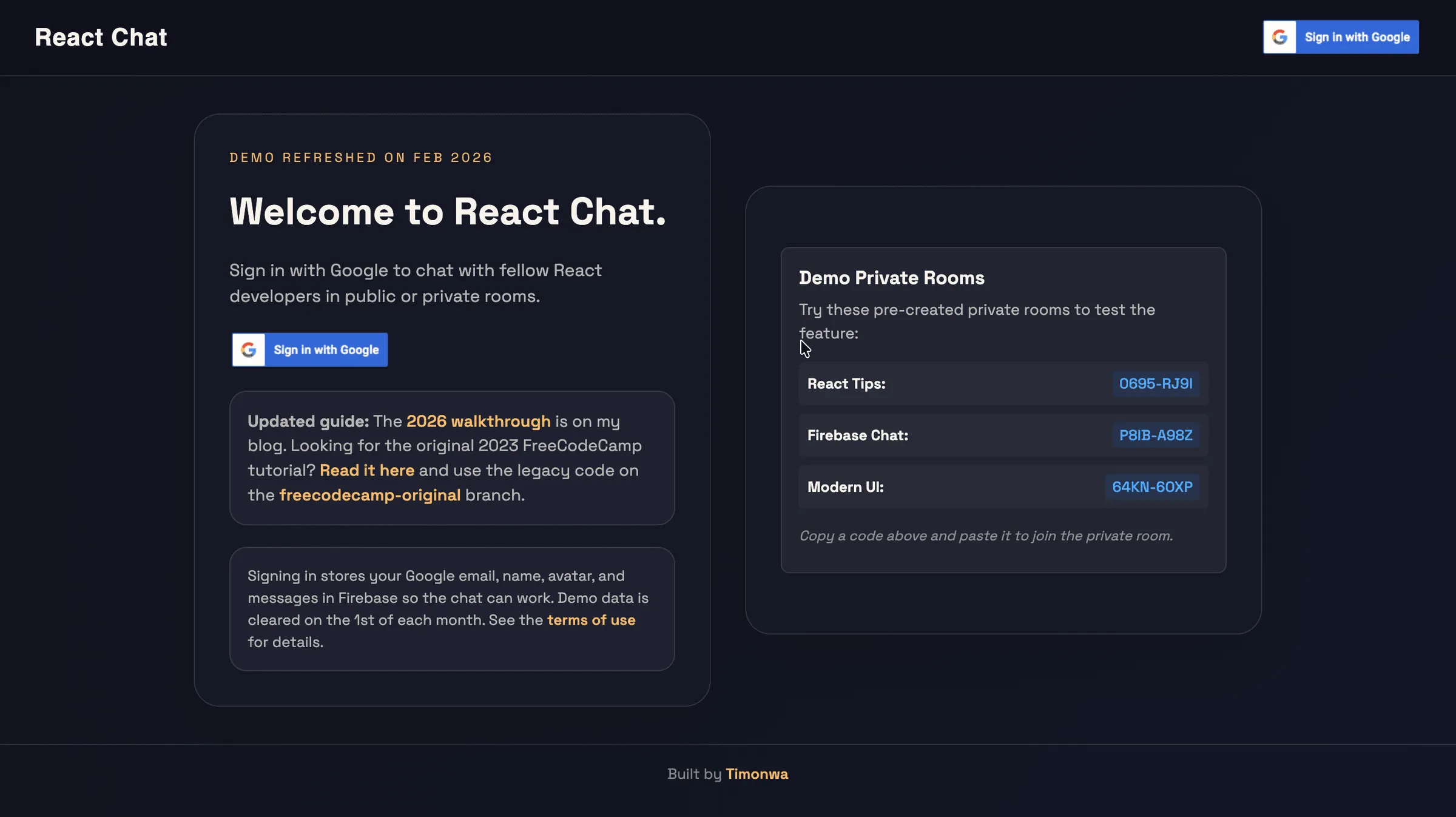 The starter app running locally — the landing screen with a Google sign-in button and demo private room codes.