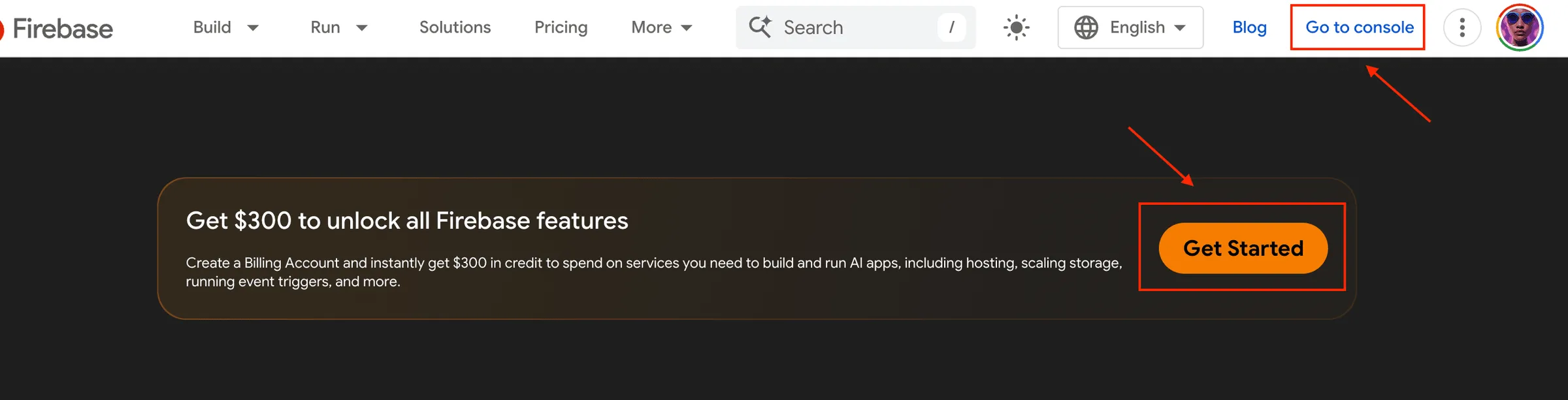 Firebase landing page — click 'Go to console' to open the console.
