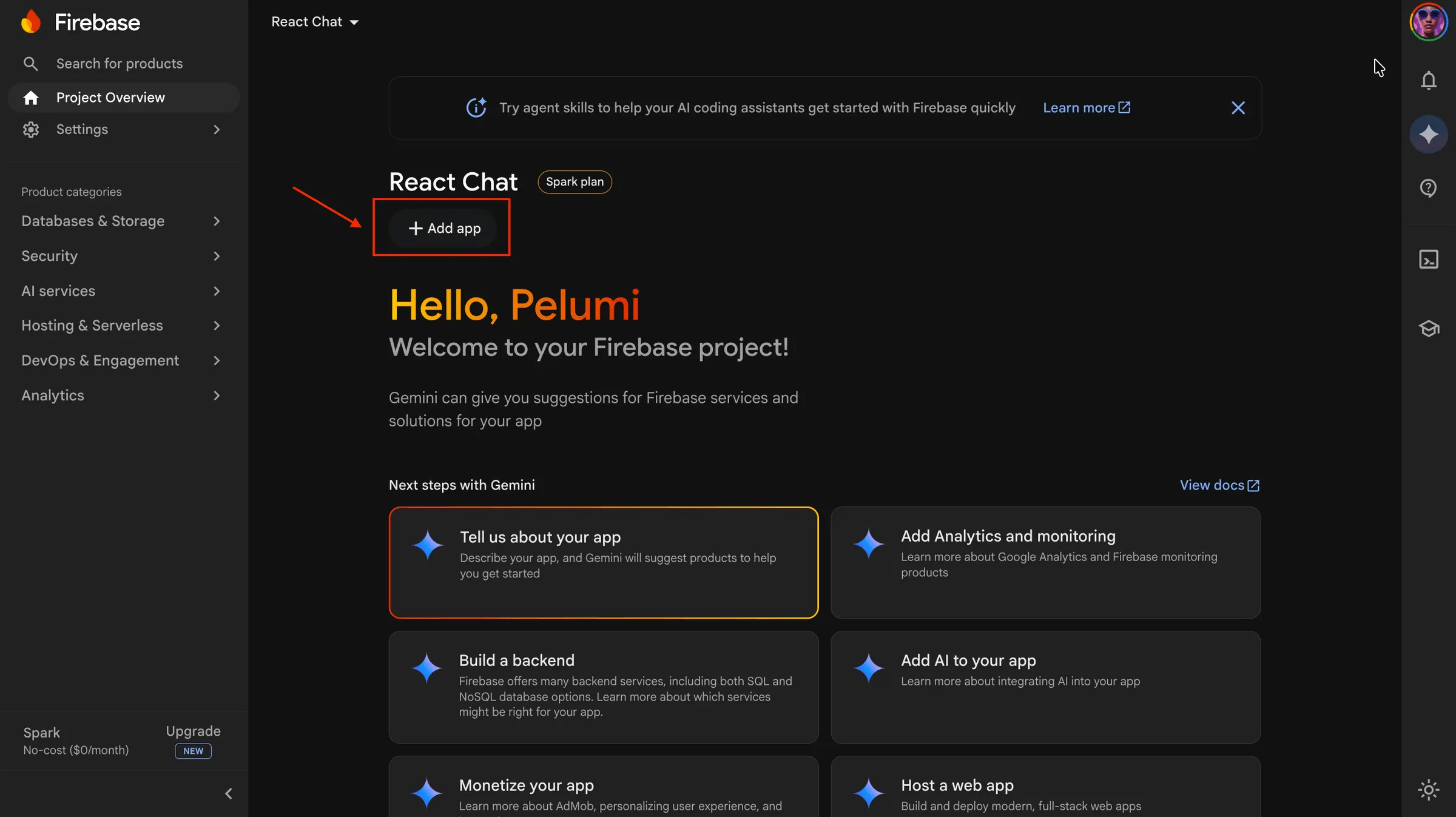 On the Firebase project dashboard, click the 'Add app' button and then select the Web icon to register a web app.