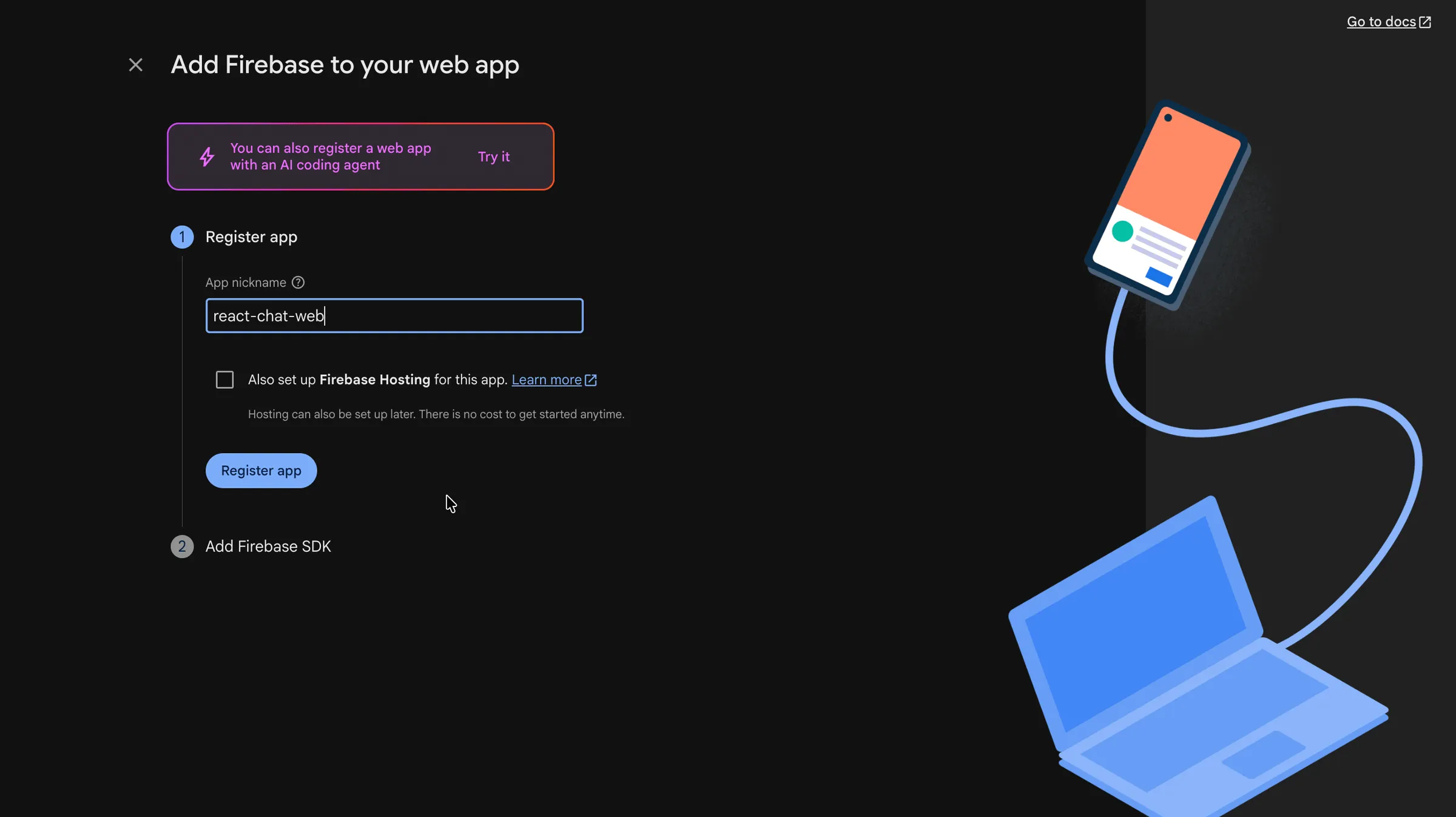 Give the firebase web app a nickname and click 'Register app'.