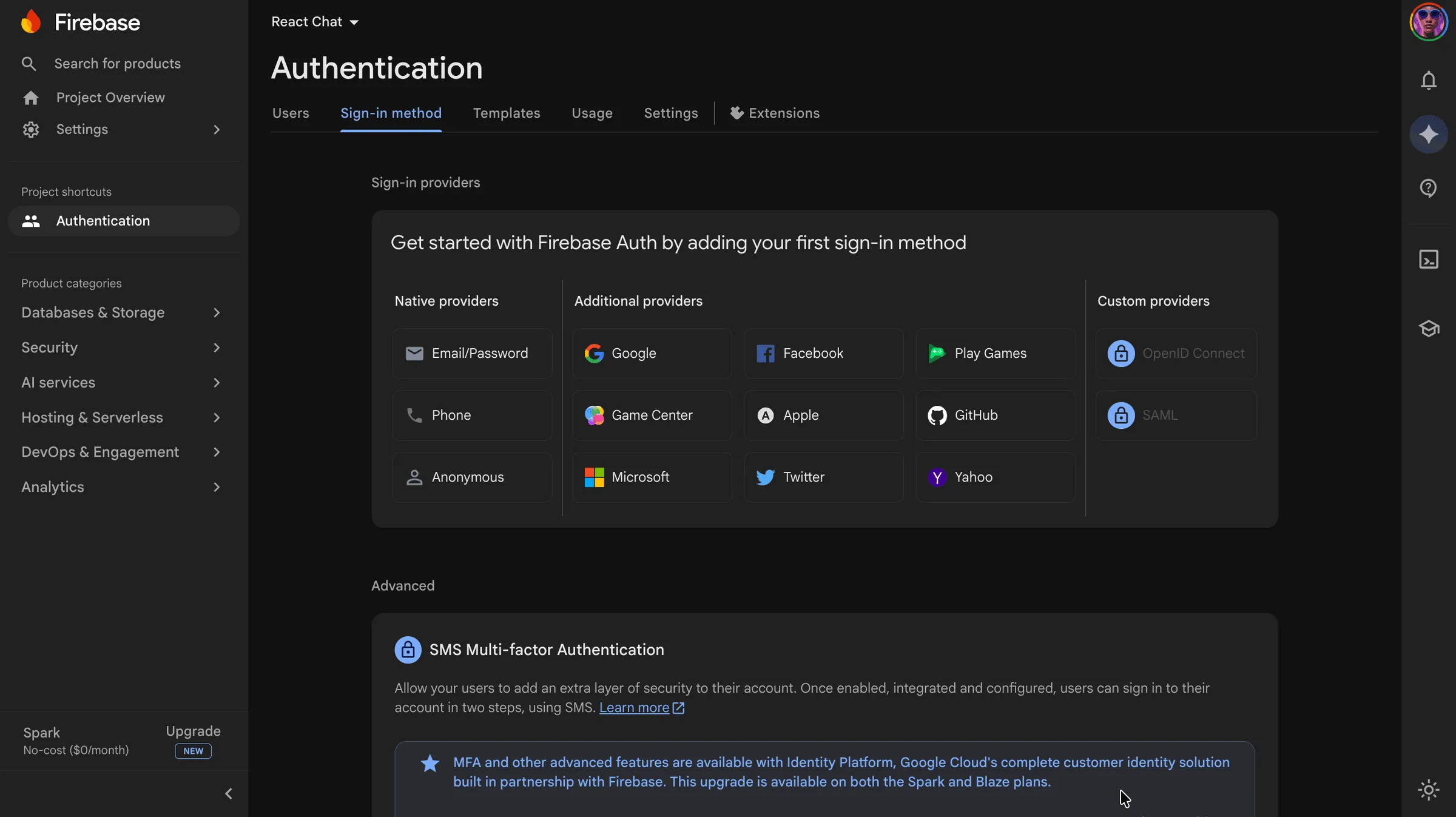 Firebase Authentication sign-in methods — click 'Google' to configure your project to allow Google sign-in.