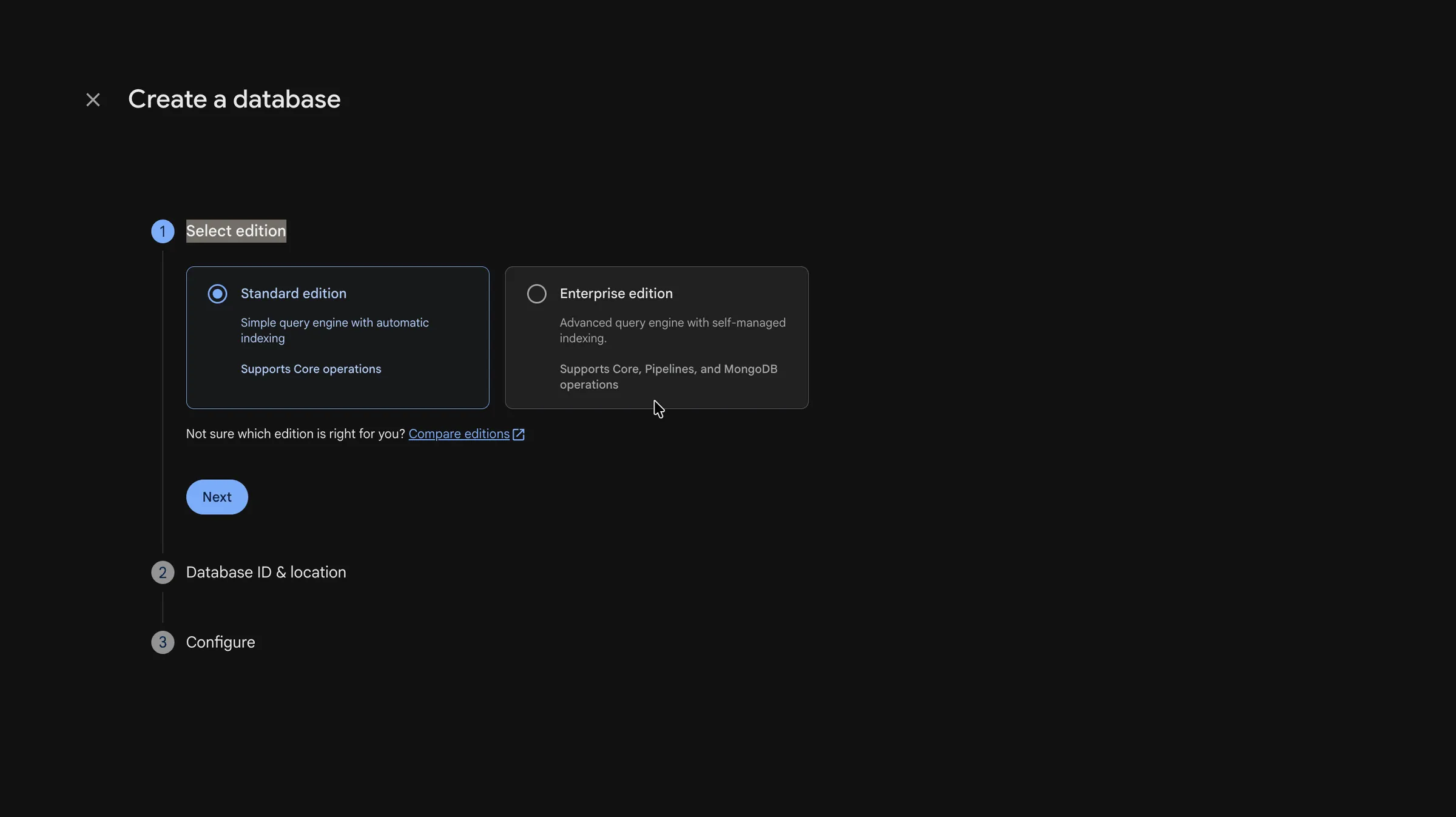 Firebase's Firestore creation wizard. Select the edition type, database ID, location, and a rule configuration.