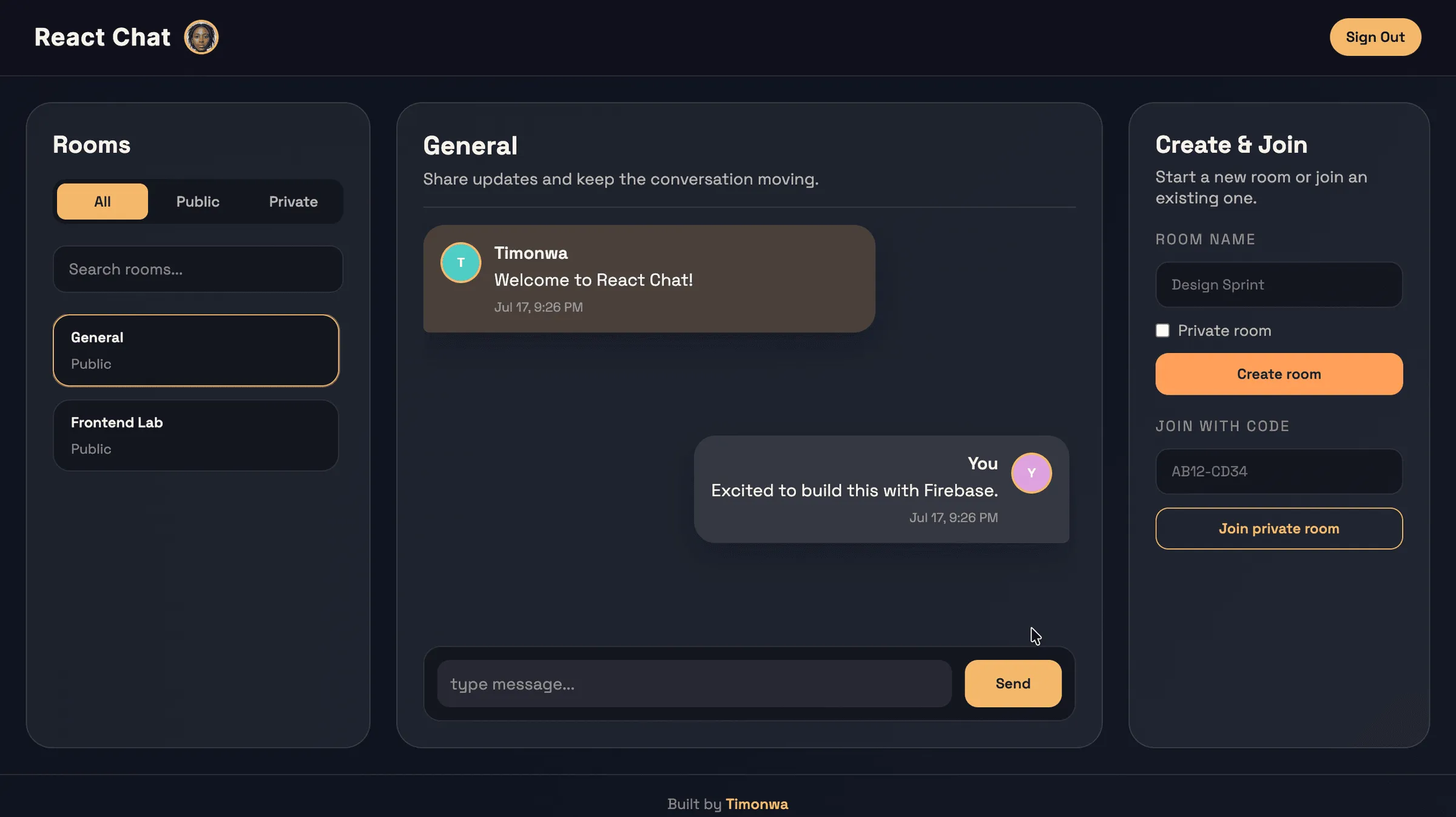 Clicking 'Sign in with Google', picking a Google account, and landing on the chat layout with the avatar showing in the navbar.