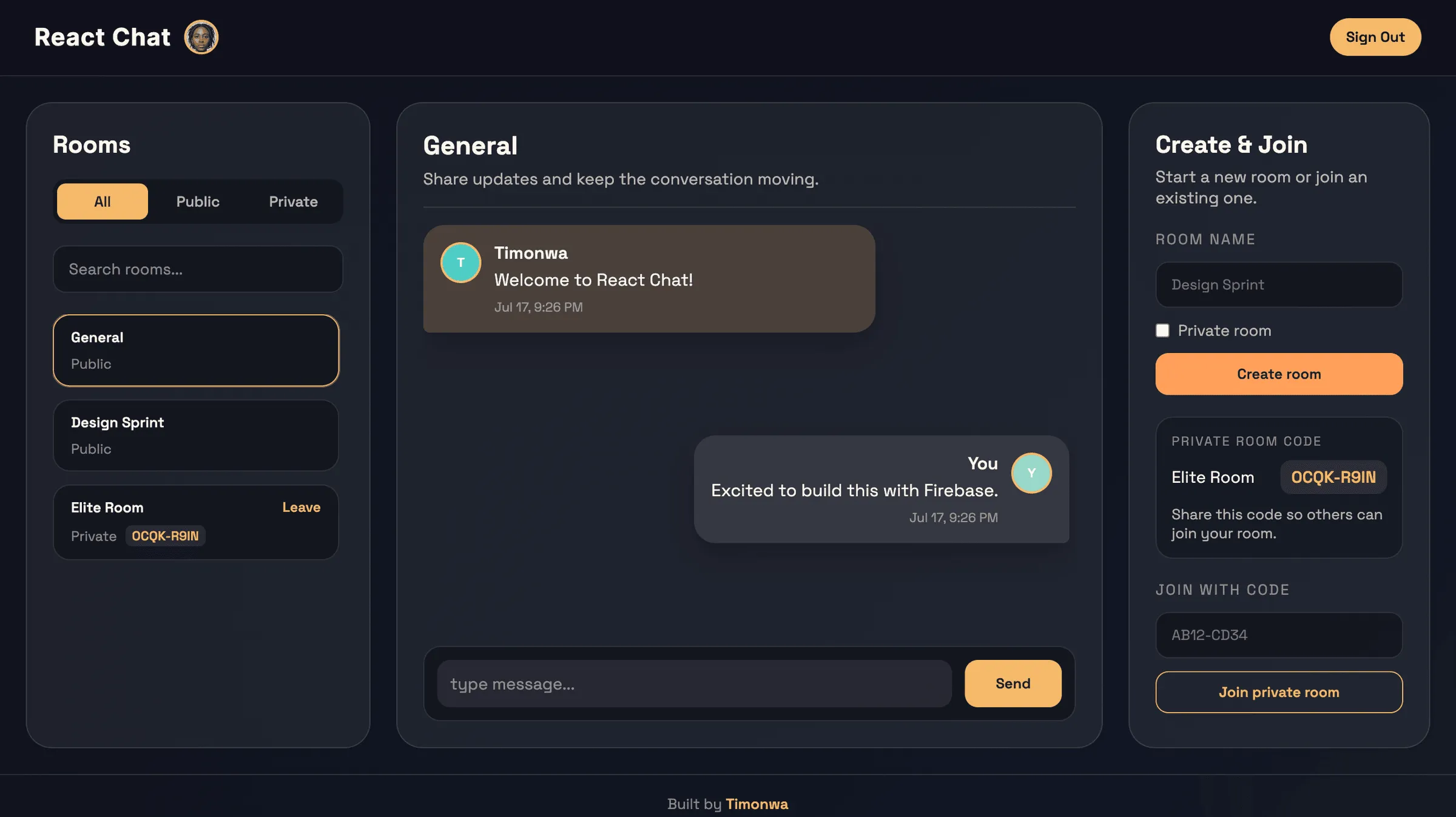Both public and private rooms can be created. Private rooms show a join code that can be shared with other users.