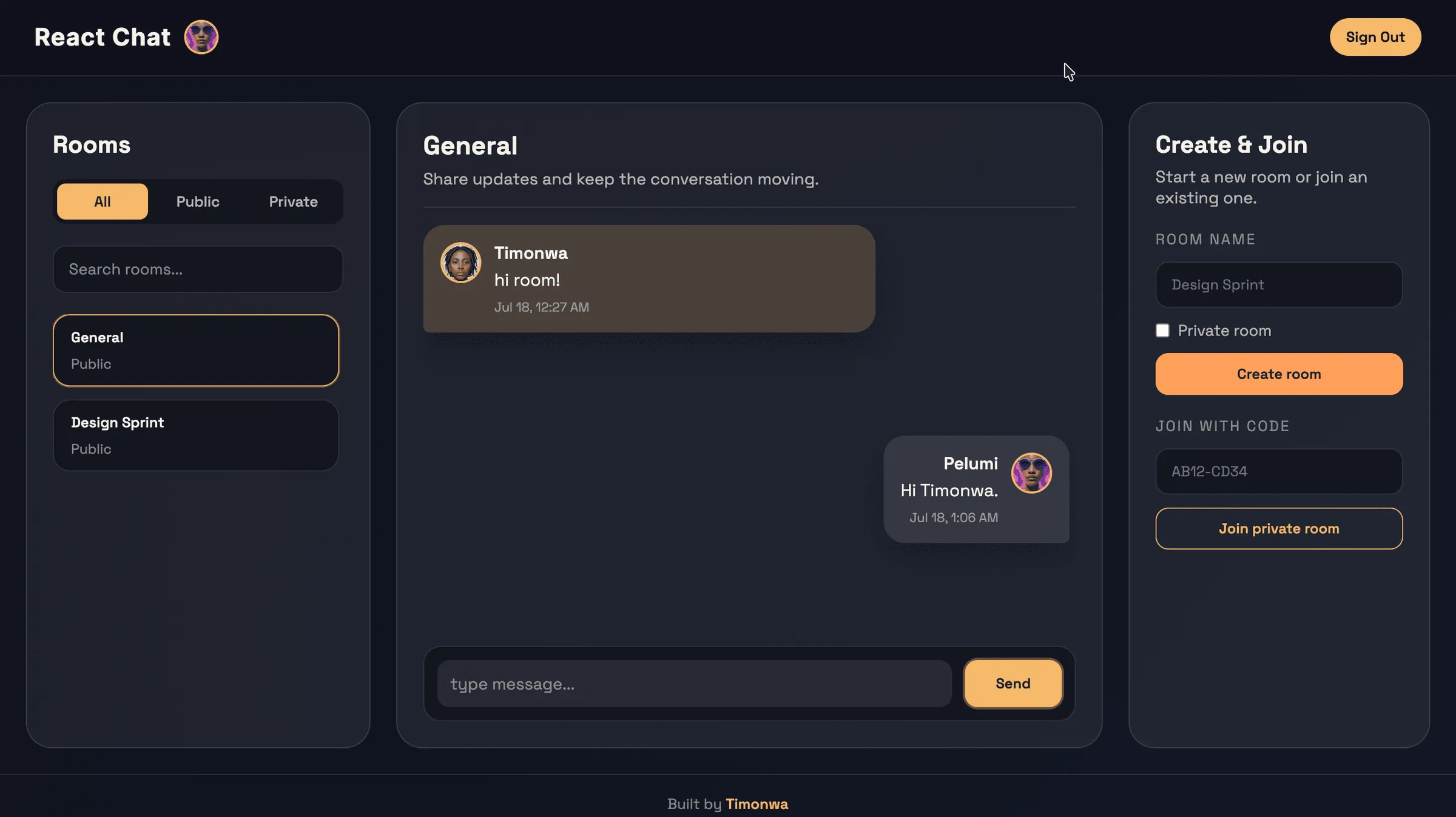Two accounts chatting in a private room. Each message shows the sender's avatar, name, and timestamp.