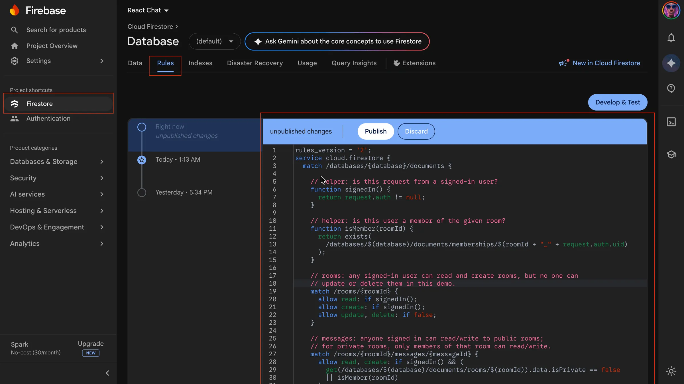 Firestore Rules tab in the Firebase console — this is where you write server-side access rules.