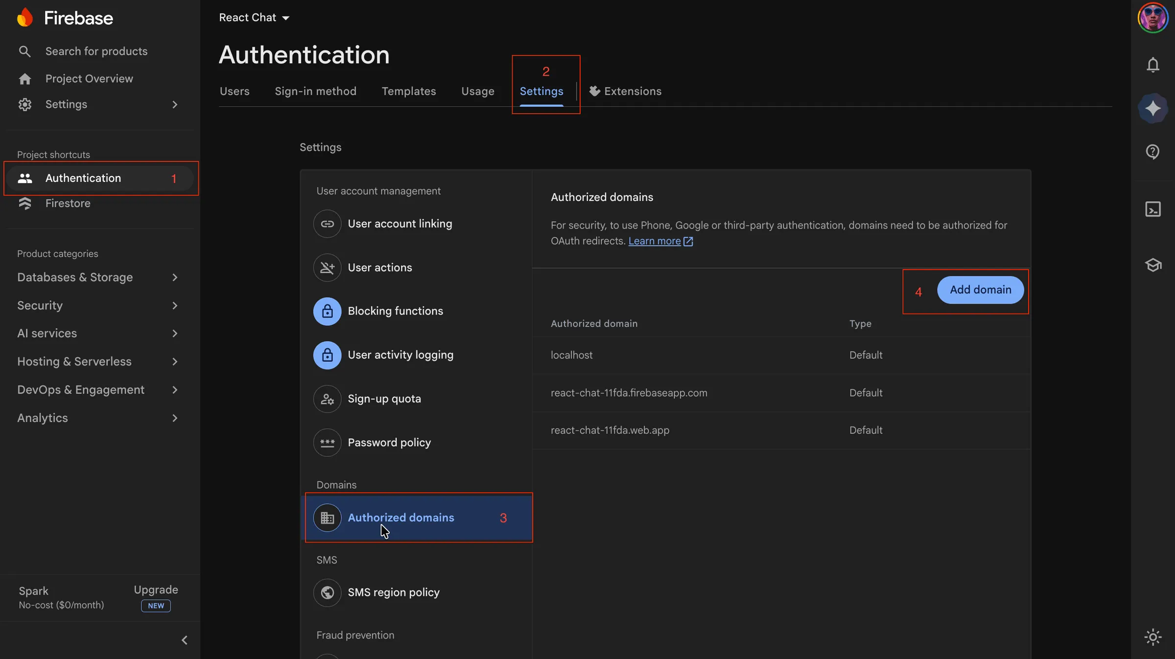 Authentication → Settings → Authorized domains — add your production domains here.