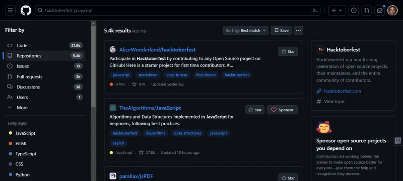 GitHub Hacktoberfest search by language results page