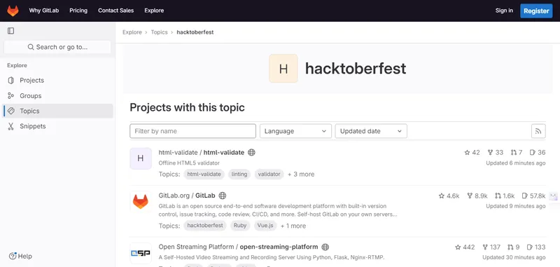 GitLab Hacktoberfest topic results page