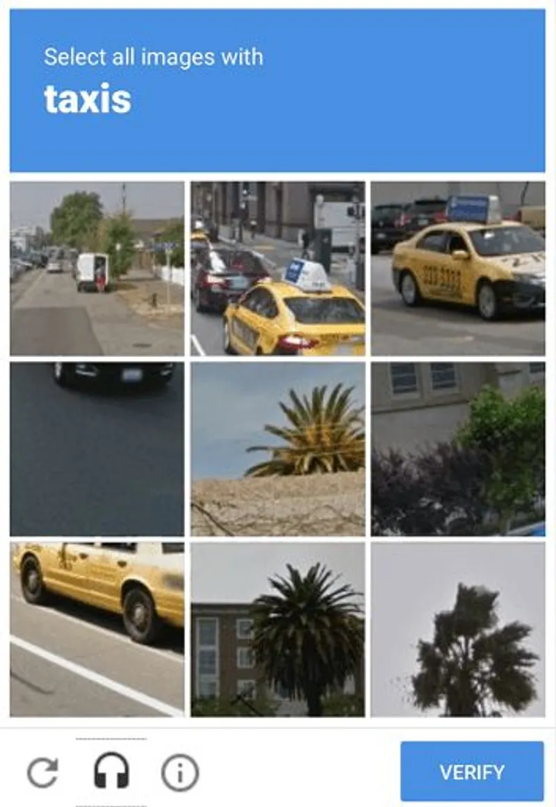 An example of an image-based CAPTCHA - Select all images with taxis