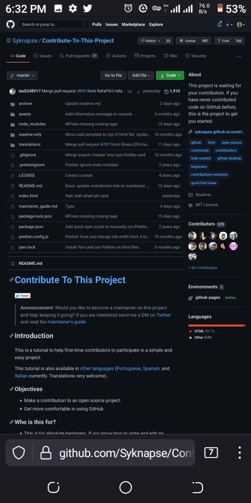 Screenshot showing the mobile browser displaying the repository in desktop view