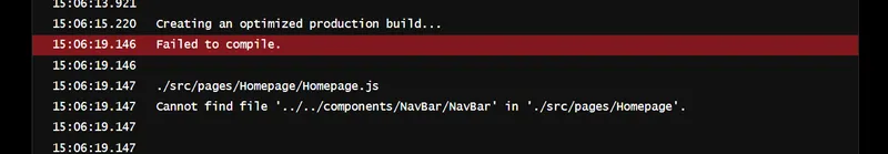 Build log revealing the first component compilation error that was initially overlooked