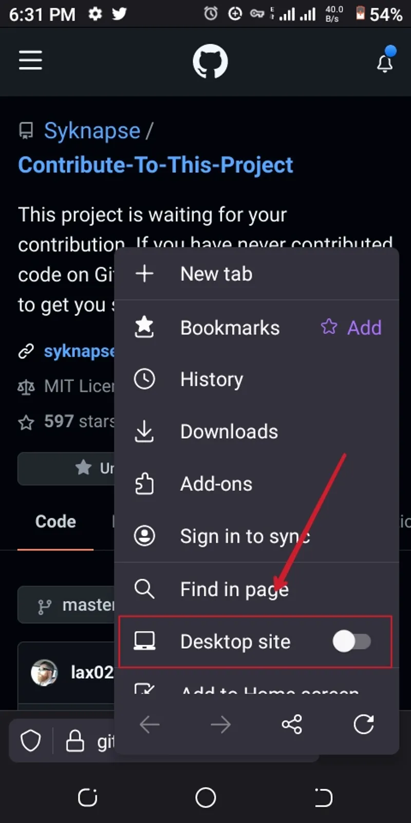 Screenshot showing the mobile browser displaying the menu dropdown and desktop site button in off mode