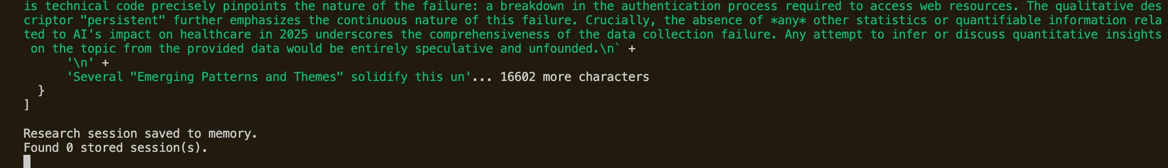 After the pipeline completes, the memory service saves the session and confirms it's searchable for future runs.