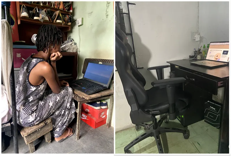 Before and after photo of Timonwa's work station