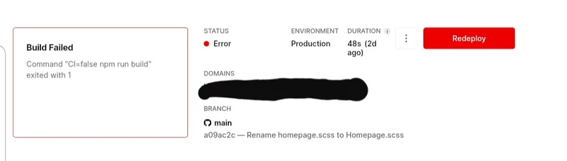 Vercel deployment dashboard showing 'Build failed' status despite local success
