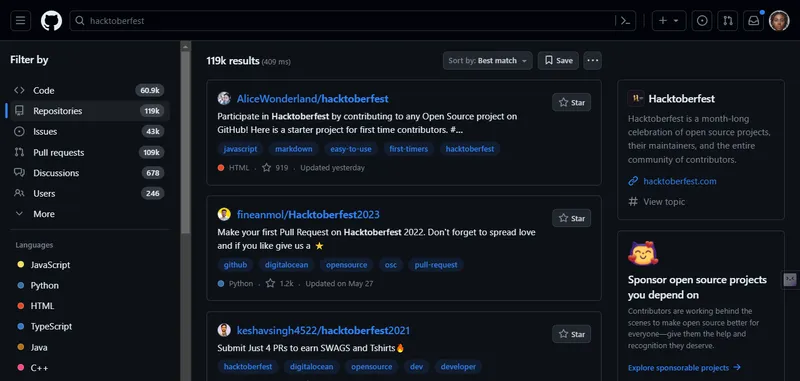 GitHub's Hacktoberfest search results page