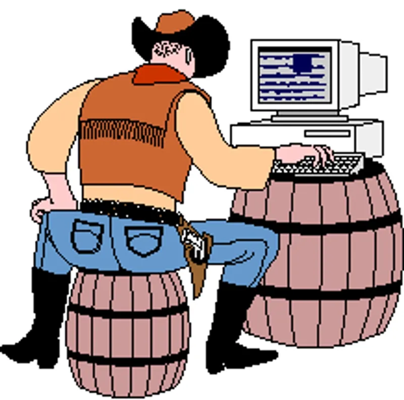 A cowboy excitedly clicking on a computer, ready to build an image slider