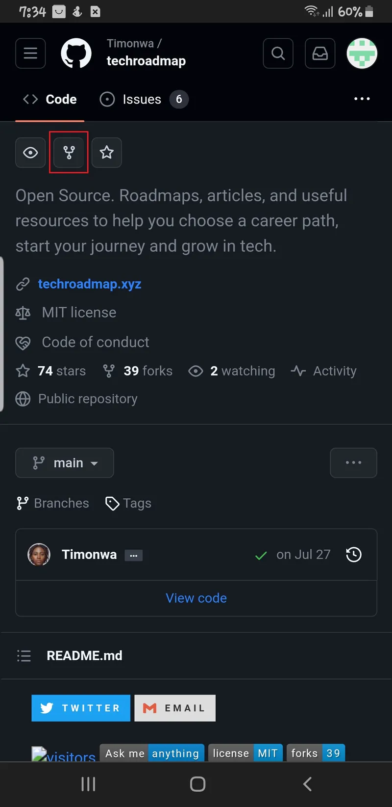 GitHub's fork button in a mobile browser