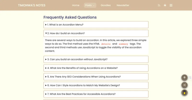 Example of an accordion menu on a FAQ page