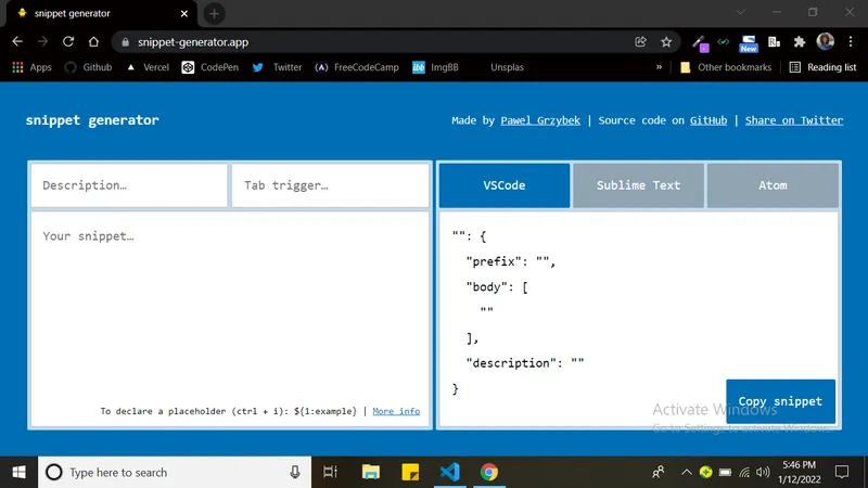 Snippet generator tool for creating code snippets
