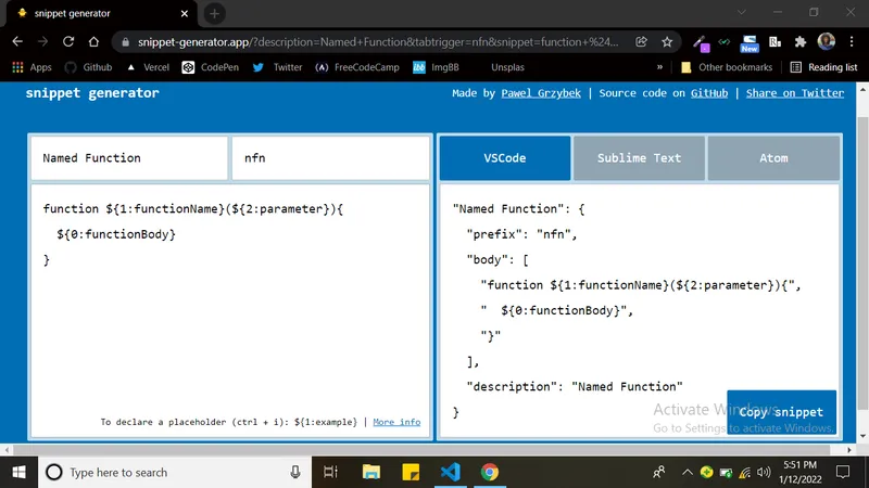 Named function with placeholders in snippet generator