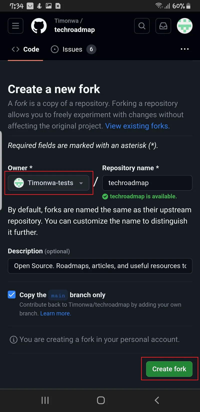 Creating a new fork in GitHub