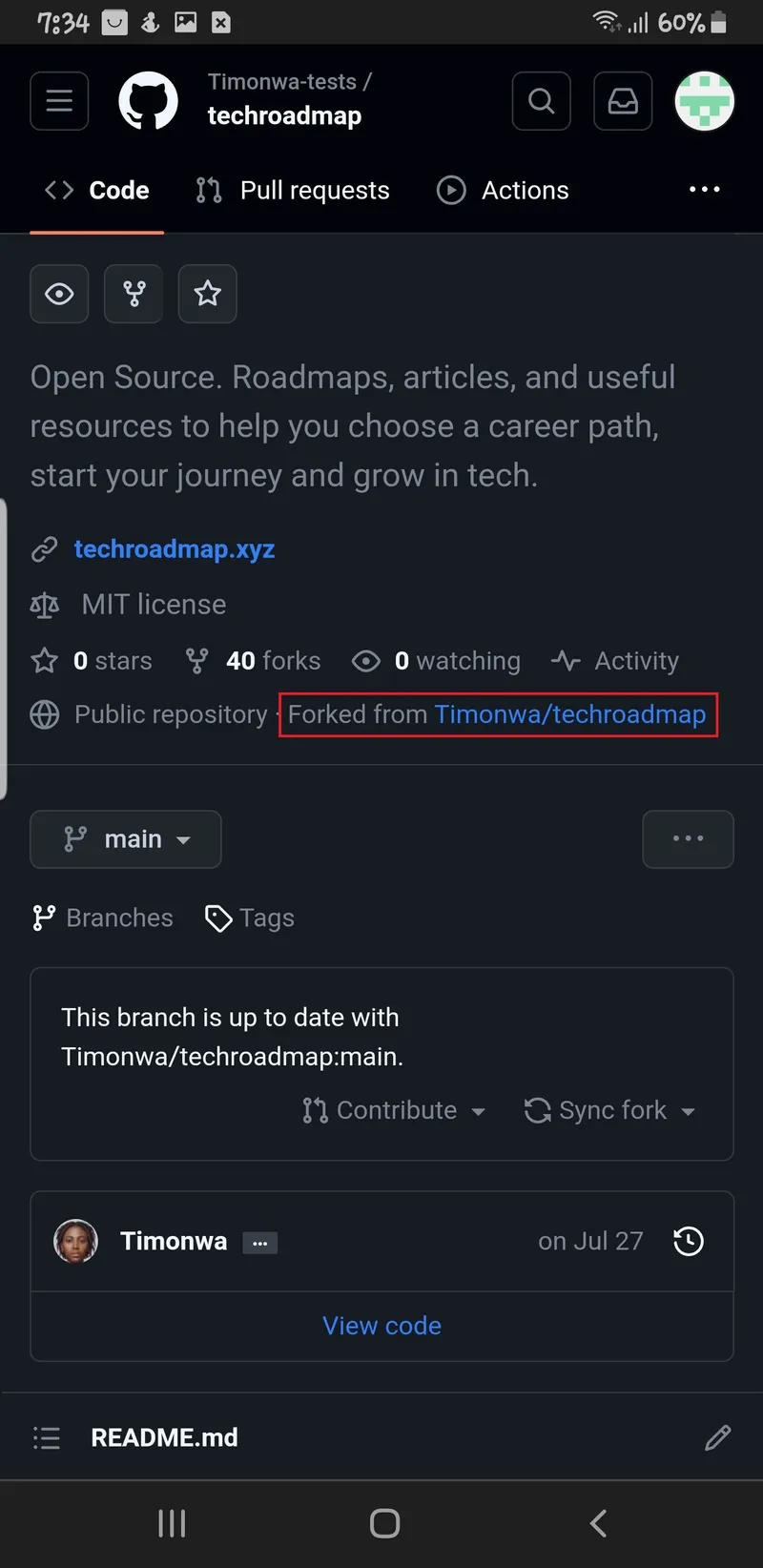 Forking a repo on a moblie broswer