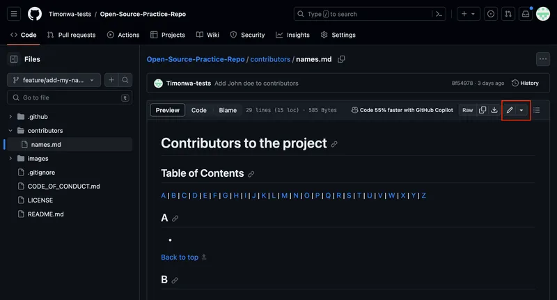 How to edit a file on GitHub