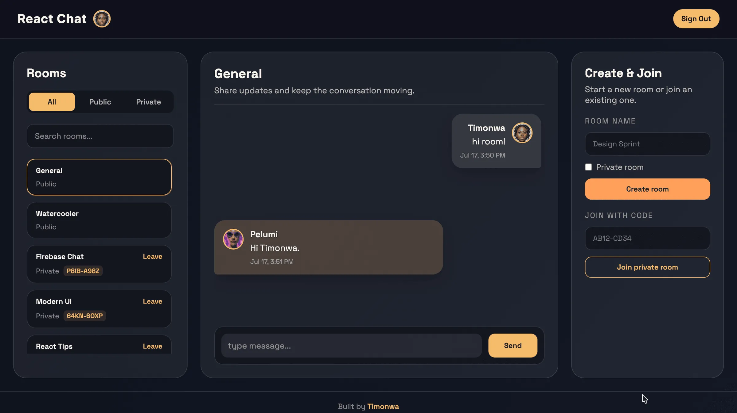 Final look of the React and Firebase chat app — sidebar with rooms list, main chat area, and a right-side panel for creating and joining private rooms.