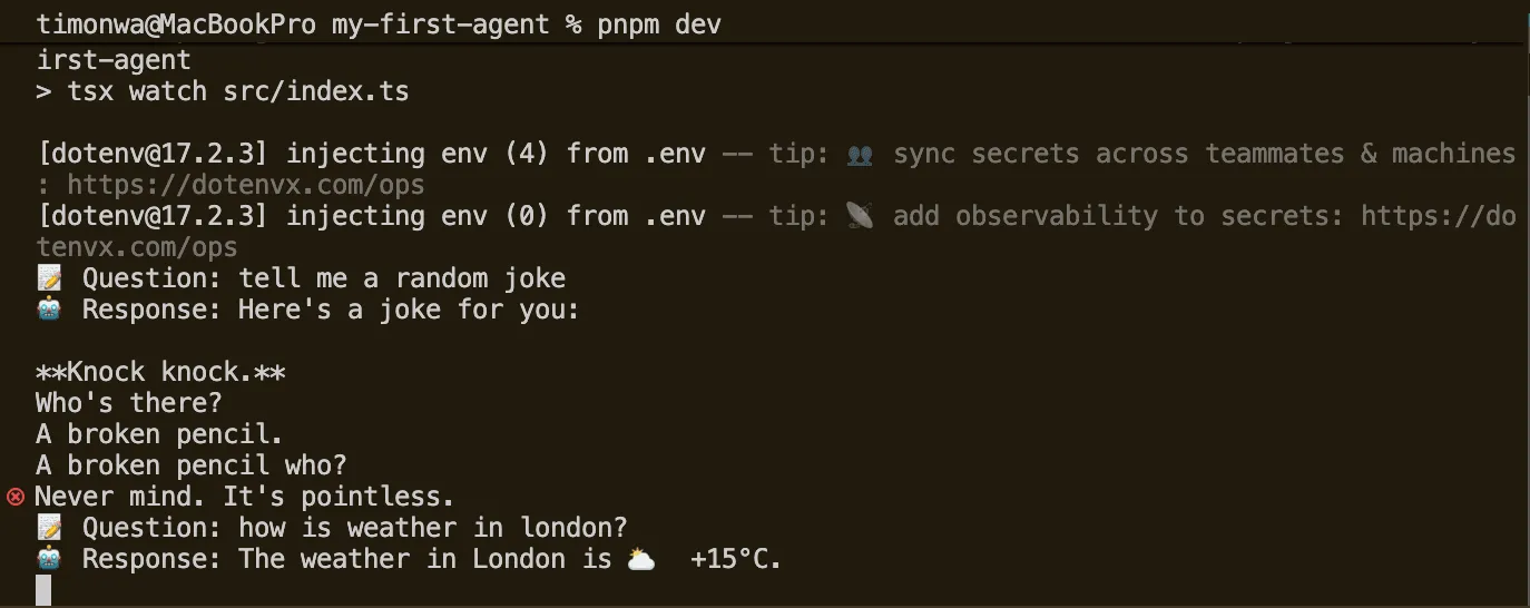 Sample output from running the agent test script