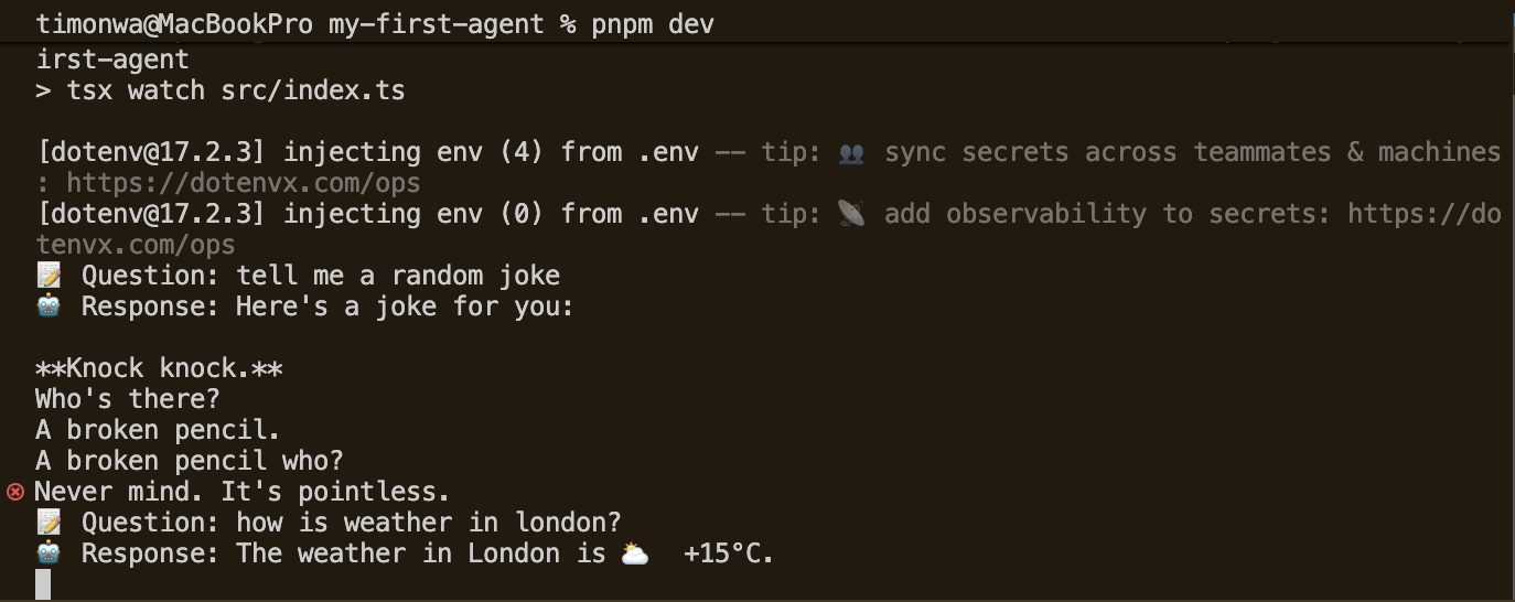 Sample output from running the agent test script