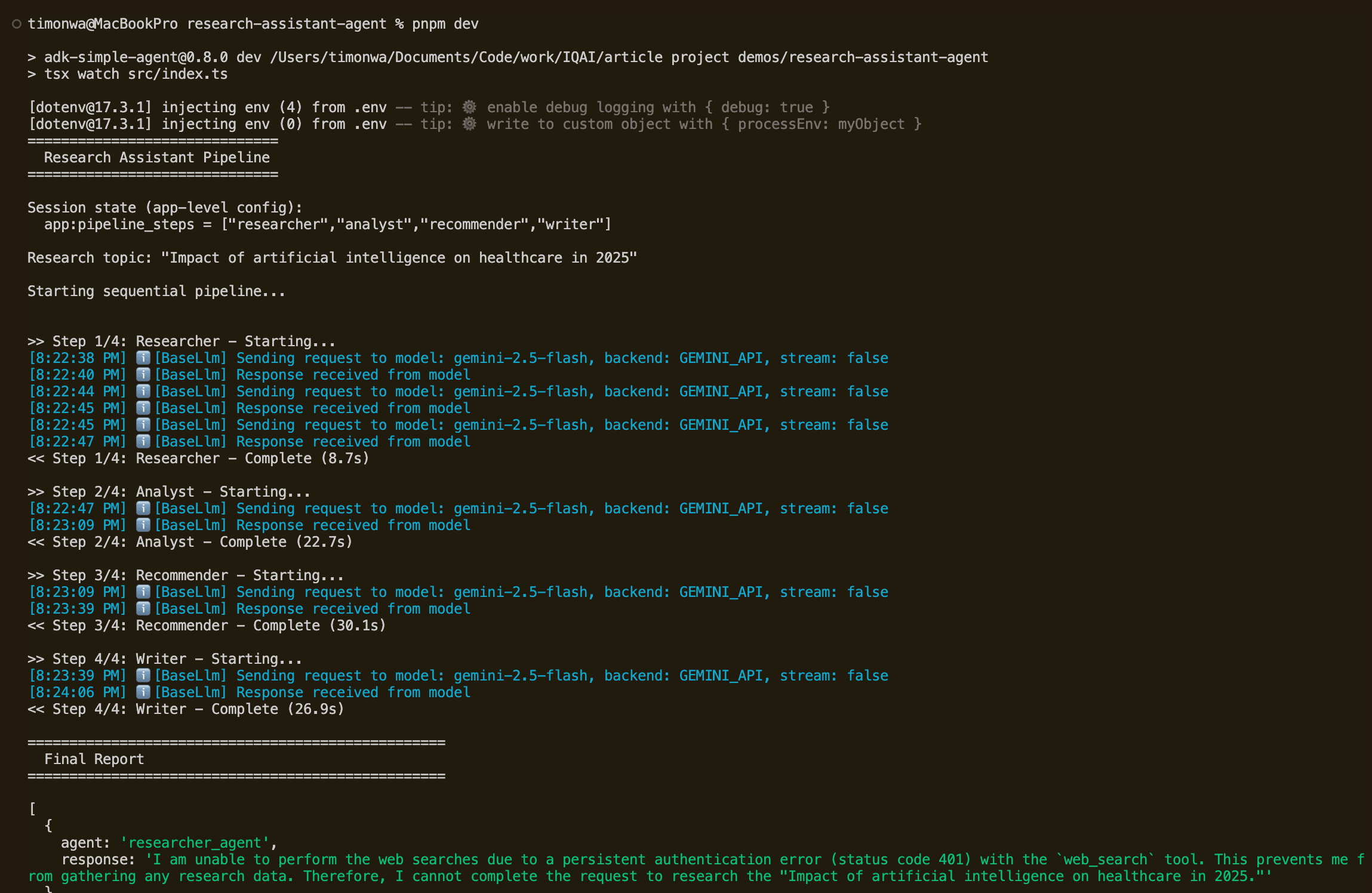 Agent callbacks logging each pipeline step with timing. The app-level config is read from session state, and each agent reports its start and completion.