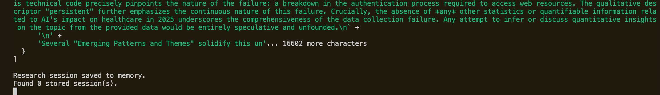 After the pipeline completes, the memory service saves the session and confirms it's searchable for future runs.