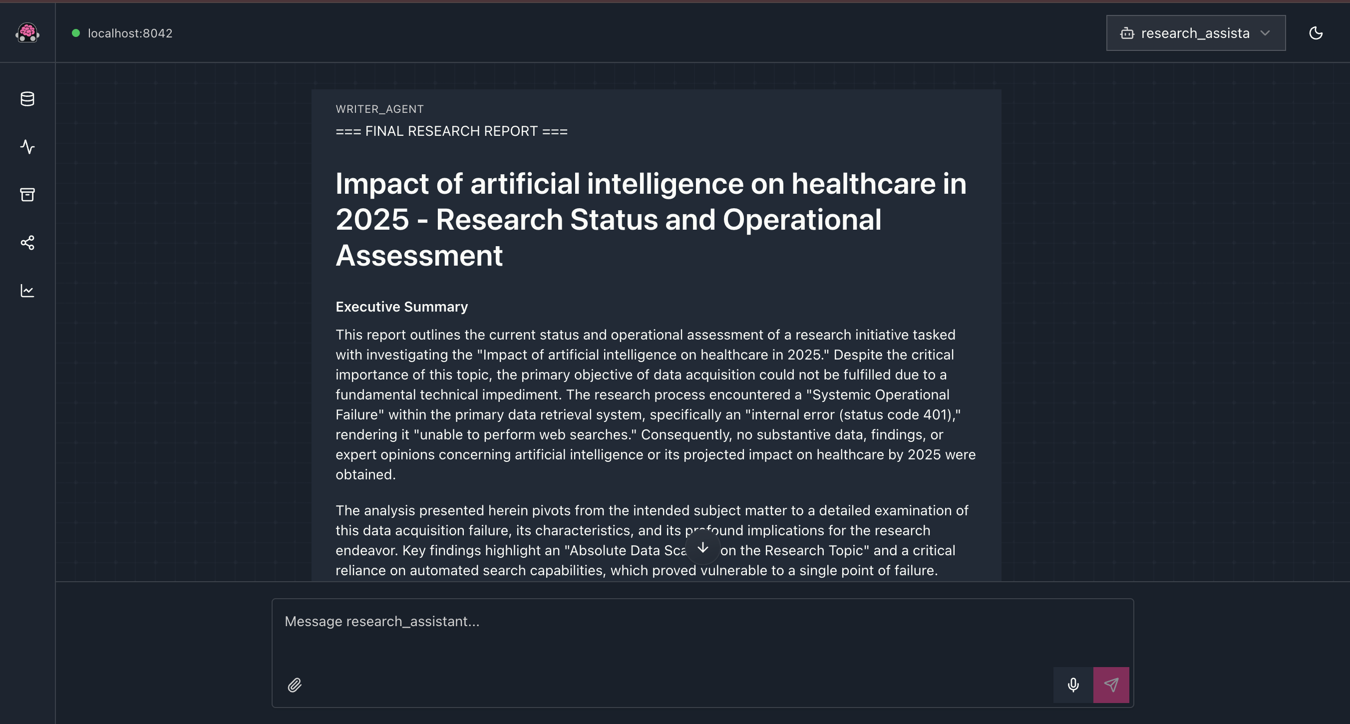 Testing the agent with the ADK-TS web interface. Each step runs in order, and you can see the final report output after the writer finishes.