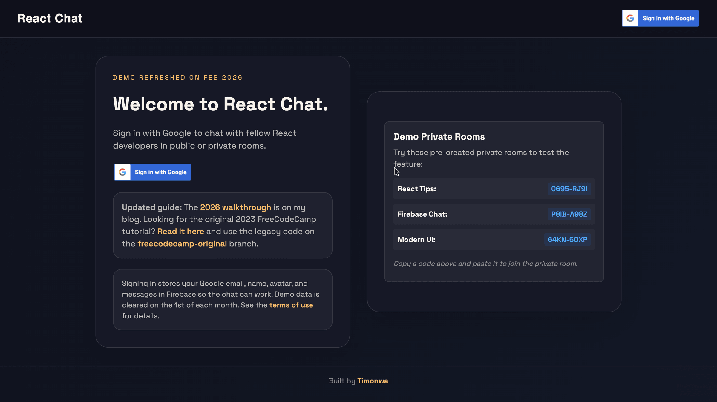 The starter app running locally — the landing screen with a Google sign-in button and demo private room codes.