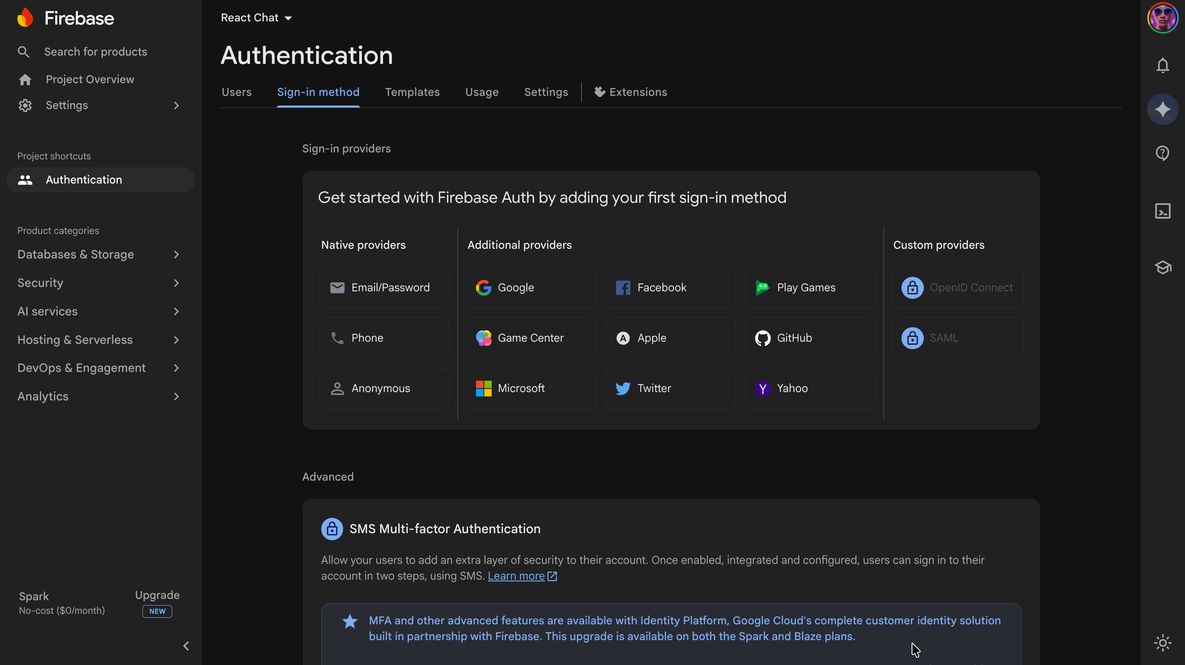 Firebase Authentication sign-in methods — click 'Google' to configure your project to allow Google sign-in.