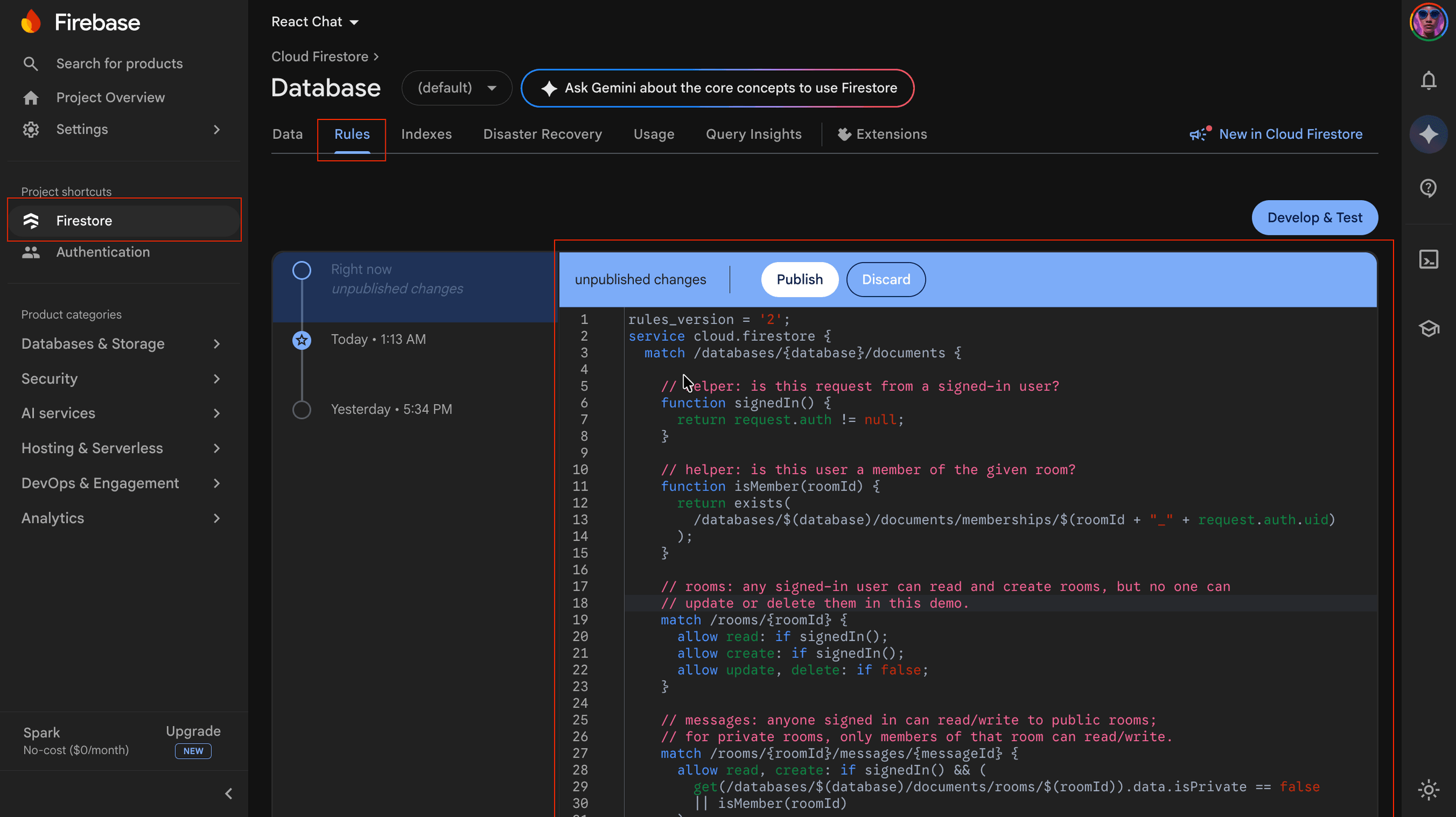 Firestore Rules tab in the Firebase console — this is where you write server-side access rules.