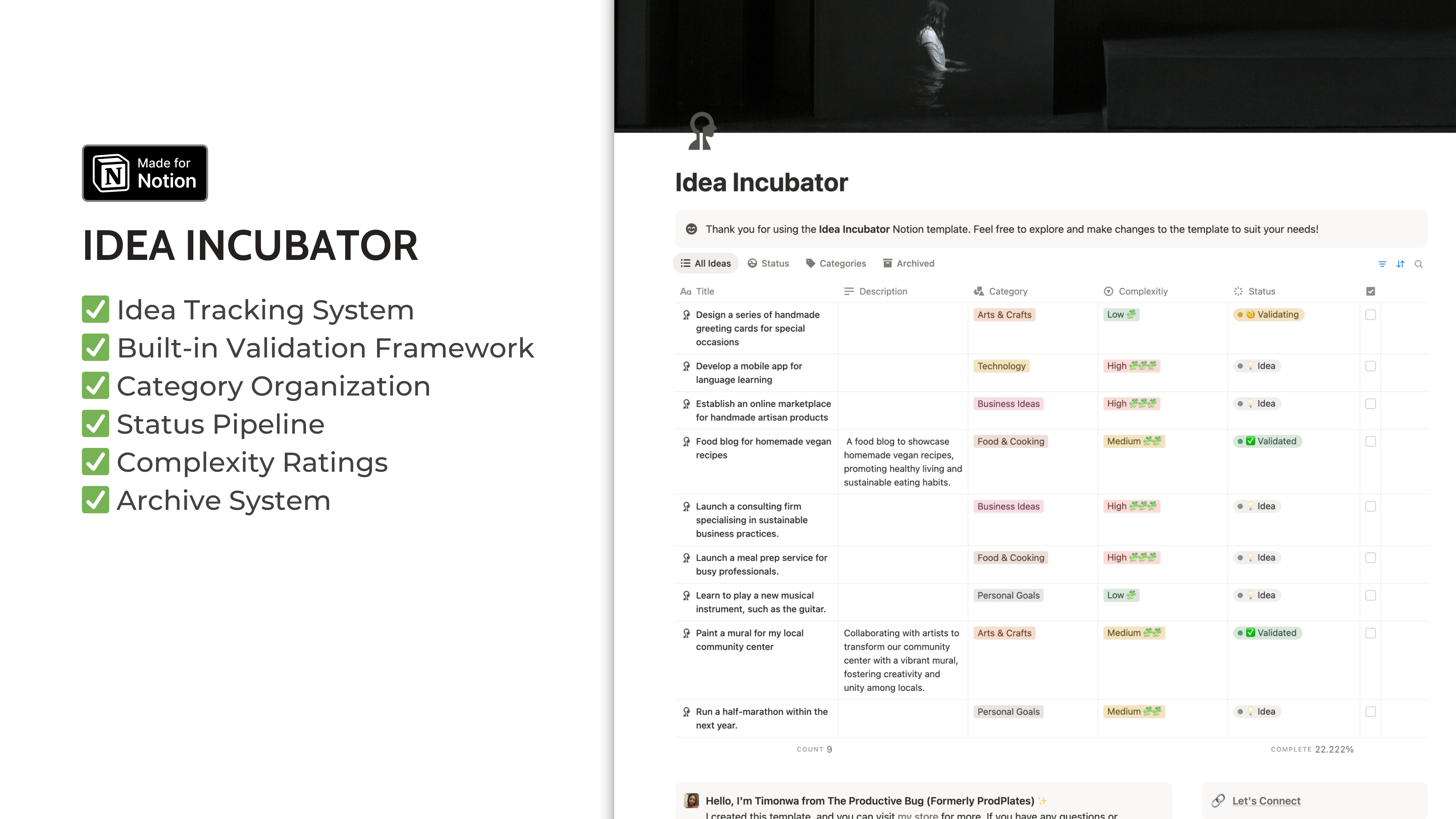 Notion template showing an idea incubator with idea tracking and validation framework