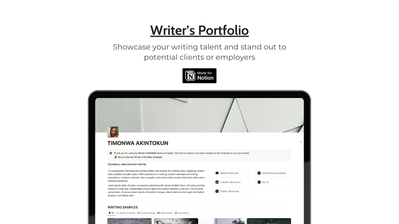 Notion template showing a writer's portfolio with ideas and projects